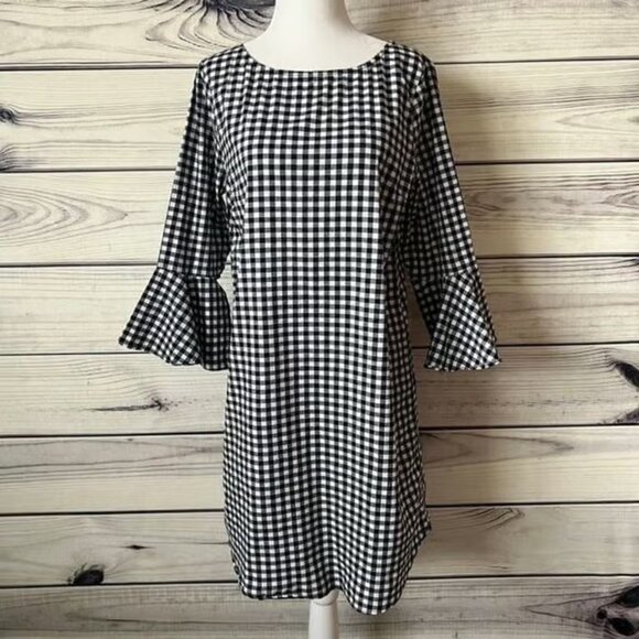 Chelsea 28 Black & White Gingham Bell Sleeve Shift Dress - Picture 1 of 5